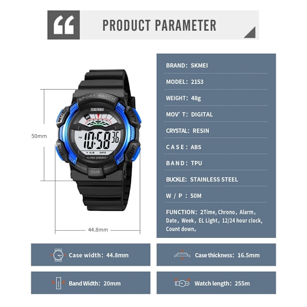 SKMEI 50m vandtæt armbåndsur - Sort+Blå/Hvid Urskive Blue