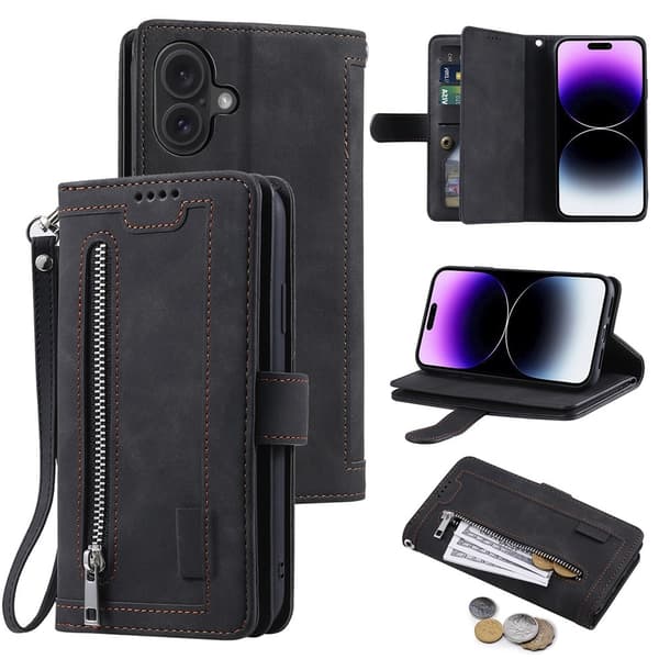 Til iPhone 17 Etui med Lynlåslomme og 9 Kortlommer Black