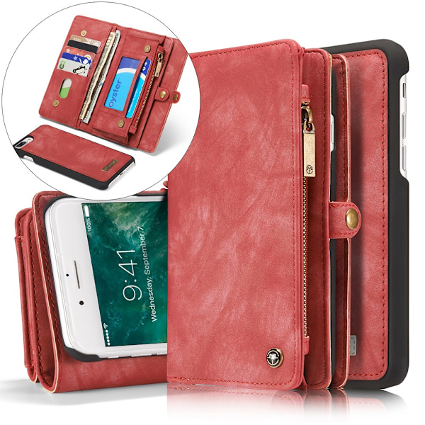 CASEME iPhone 7 Plus / 8 Plus Retro Split läder plånboksfodral - Röd Röd