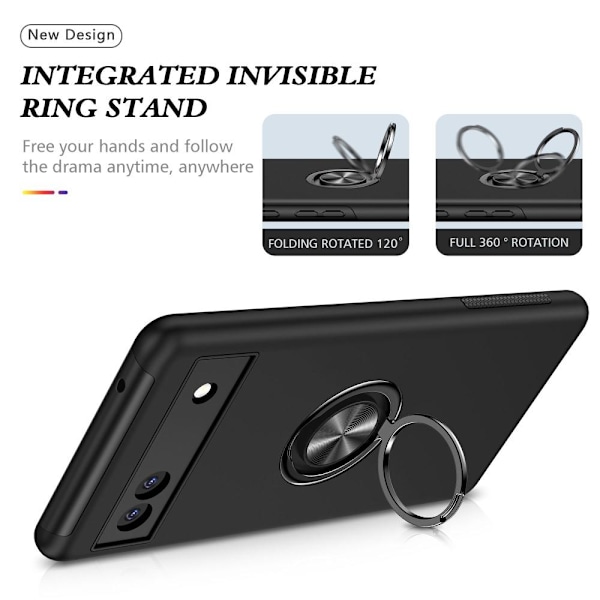 Til Google Pixel 6A Fingerring Kickstand Hybrid Taske - Sort Black