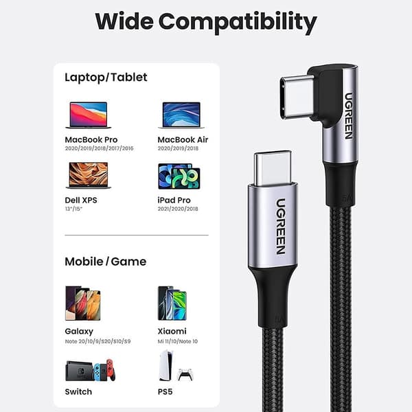 UGREEN 2m 100W hurtigopladningskabel USB - C - datakabel bøjet Black