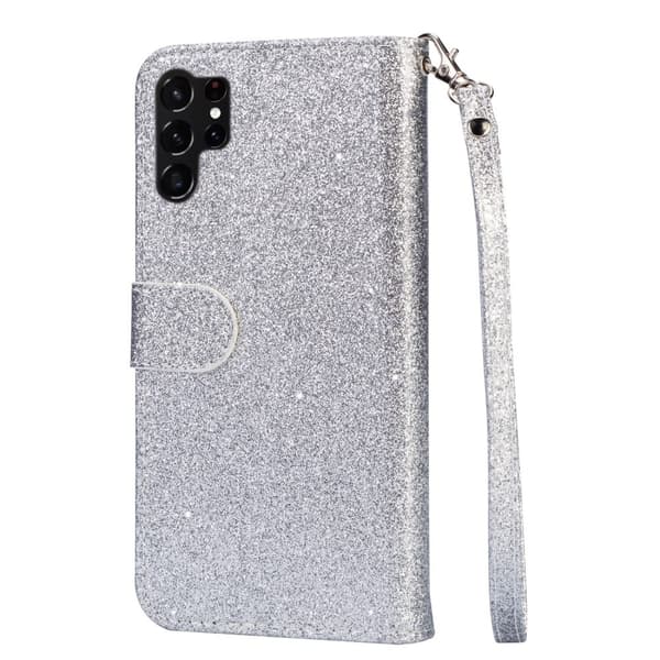 Til Samsung Galaxy S25 Ultra Stående Glittercover med Lynlåslomme - Sølv Silver