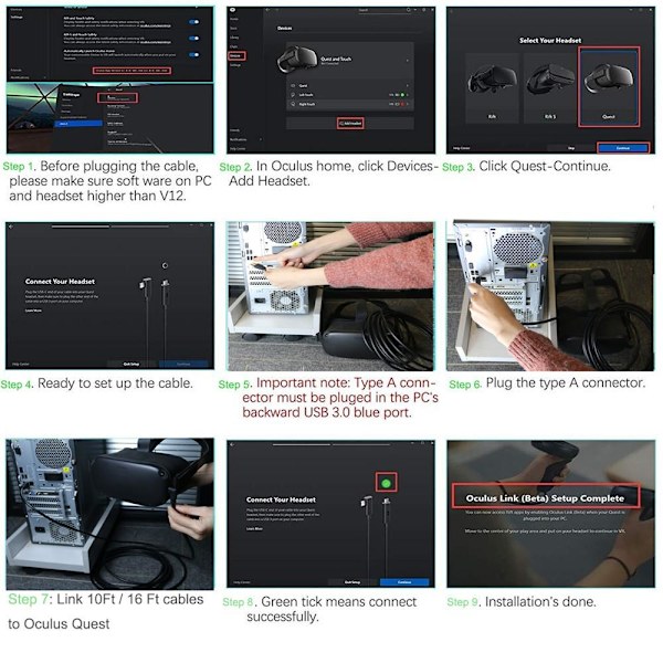Oculus Quest VR - linkkikaapeli USB3.0 - C - tyypin datakaapeli 5m Black