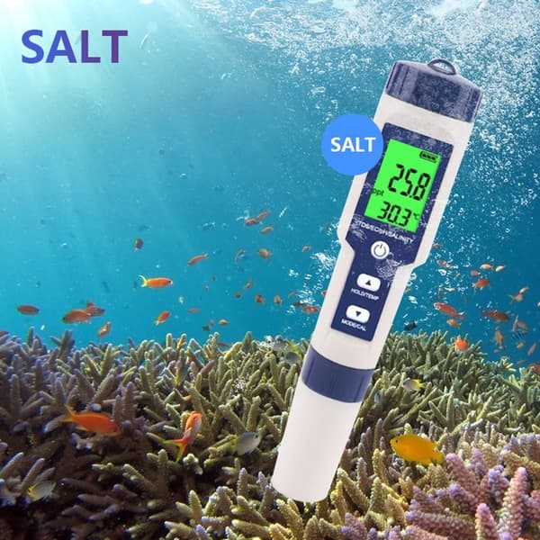 5-i-1 test for vann kvalitet EC pH TDS Temperatur Saltholdighet Grey