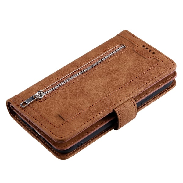 For Xiaomi Redmi 14C Case Zipper Pocket PU Leather Phone Cover with 9 Card Slots Brown