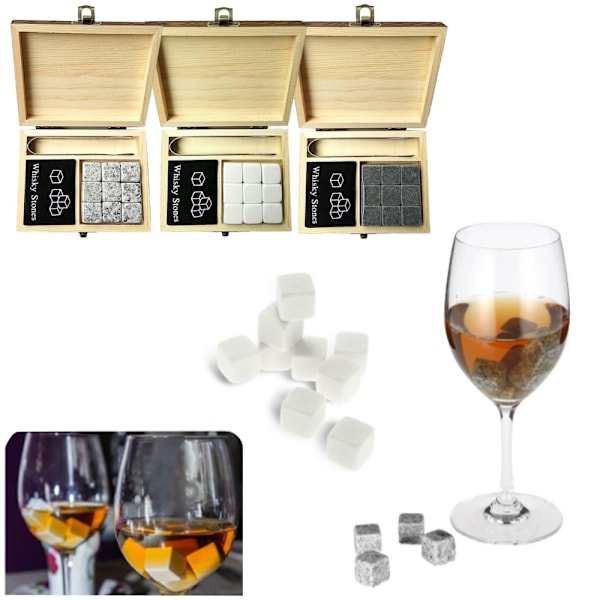 9 ST Whiskystenar Set Trälåda Chilling Rocks Återanvändbara isbitar grå