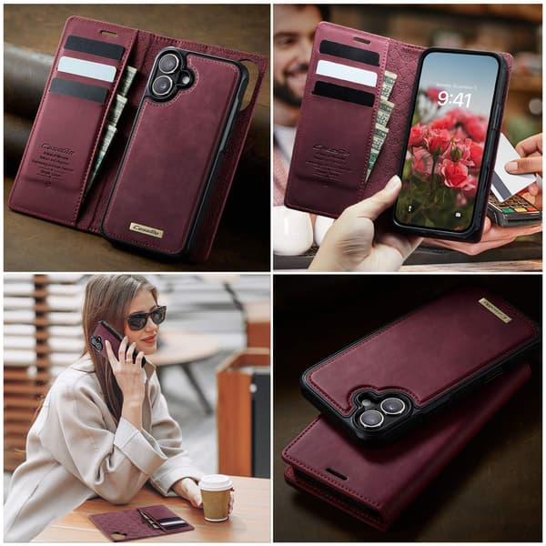 CASEME Til iPhone 16 Lommebokdeksel Magnetisk Avtakbar RFID Beskyttelse - Coffee Red