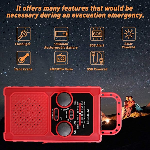 FM/AM/WB/WBAL Radio Handvev 5000mAh solar Ficklampa SOS Röd