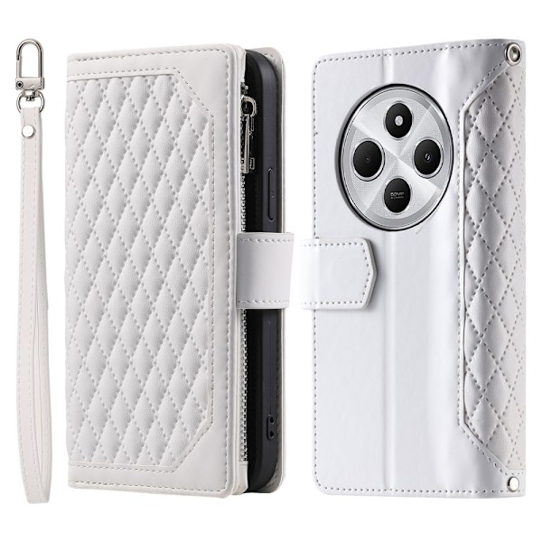 För Xiaomi Redmi 14C Zipper Wallet Case Rhombus Stitching Line Telefonfodral Vit