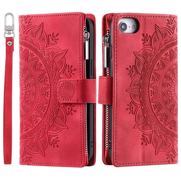 För iPhone 16e plånboksfodral Fodral Skal Mandala blommönster Röd