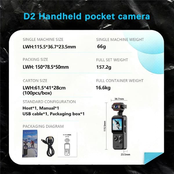 Actionkamera Videokamera Kamera 4K 270-graders roterbar lins wifi LED-belysning Svart