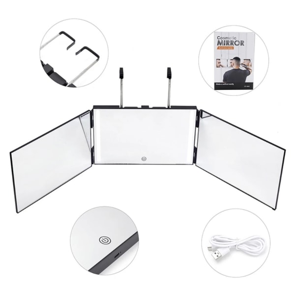 Spegel 360-graders vy 3-sidor infällbar frisörspegel LED-ljus Silver
