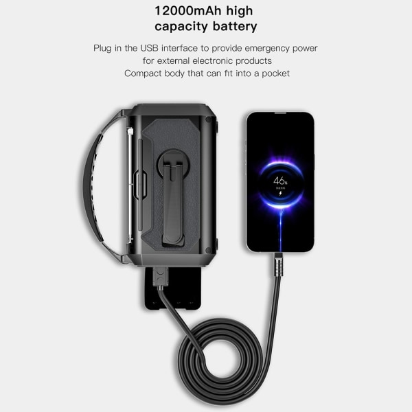 handvev Radio 12000mAh Power Bank Batteri ficklampa Sol laddning Svart