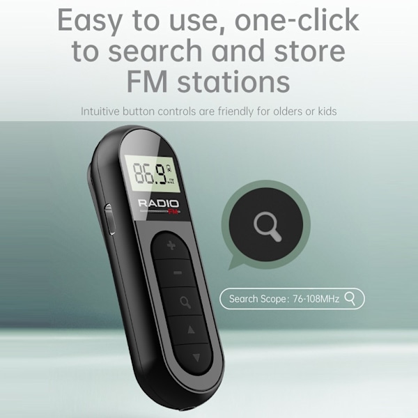 RADIO MI03 Tasku-FM-radio pidikkeellä urheiluun/juoksuun/kokouksiin Black