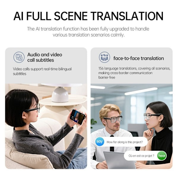 Smarte briller AI Bluetooth 6.0 156 sprog Realtidsoversættelse Oversætter Black