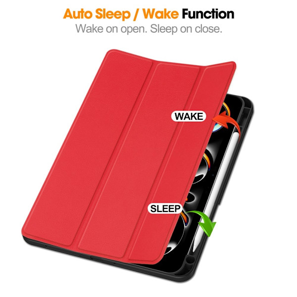 Etui for iPad Pro 11 (2024) med Tri-fold Stativ, Tablettdeksel med Penneholder Red