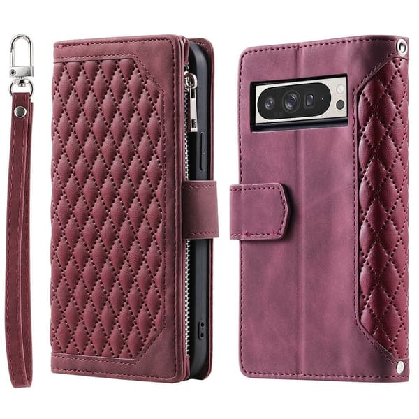 For Google Pixel 10 Pro XL Zipper Wallet Case Rhombus Phone Cover Red