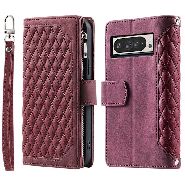 För Google Pixel 10 Pro XL Zipper Wallet Case Rhombus Telefonfodral Röd