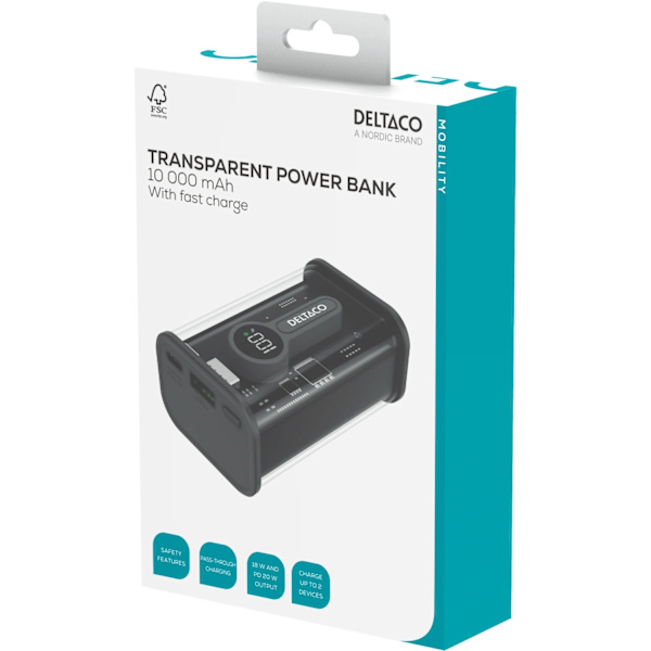 Deltaco Transparent virtapankki pikalatauksella 10 000 mAh Black