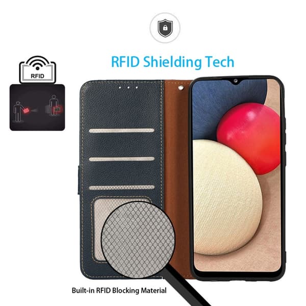 KHAZNEH Til Xiaomi Redmi 15C Etui RFID-blokkerende telefonlærfutteral Blå/Brun Blue
