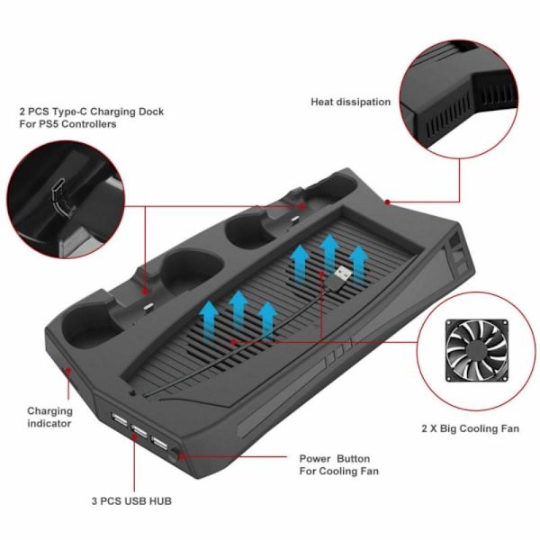 Sony Playstation 5 UHD/DE Opladningsstativ Køleventilatorcontrolleroplader Black