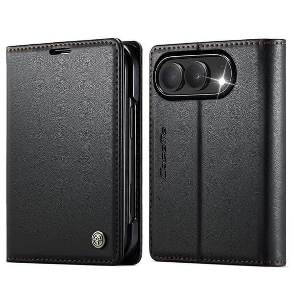 CASEME Glanset telefonlommebokdeksel med litchi tekstur til iPhone Duo Black