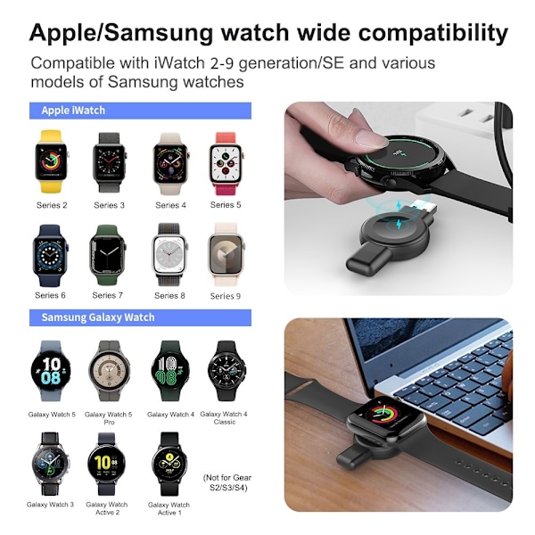 Oplader til Watch Series + Samsung med USB-C+USB stik Black