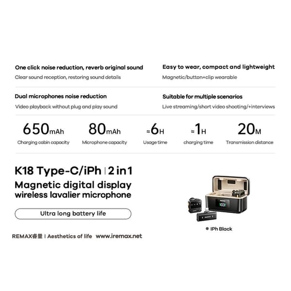 Trådløs lavaliermikrofon Digitalt display En-til-to-mikrofoner - IP-grensesnitt Black