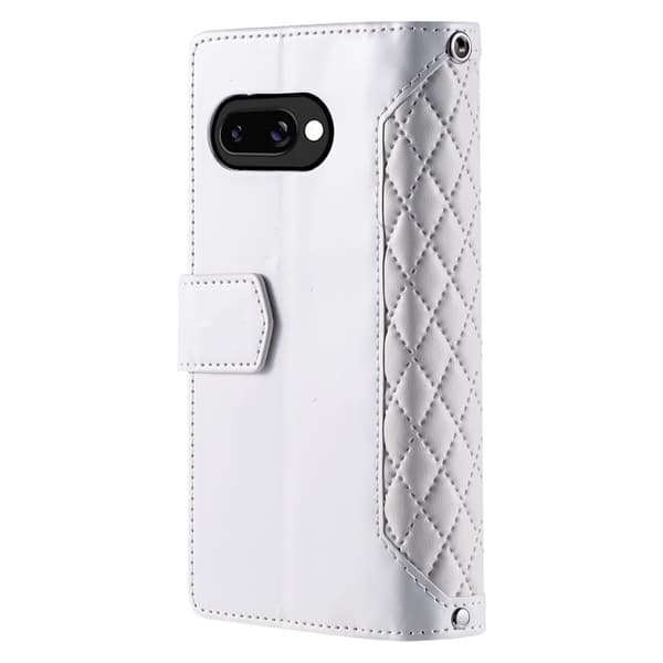 For Google Pixel 10a Wallet Case PU Leather Rhombus Pattern with Wrist Strap- White White