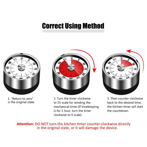 Kjøkkentimer Magnetisk mekanisk for matlagingstid osv Silver