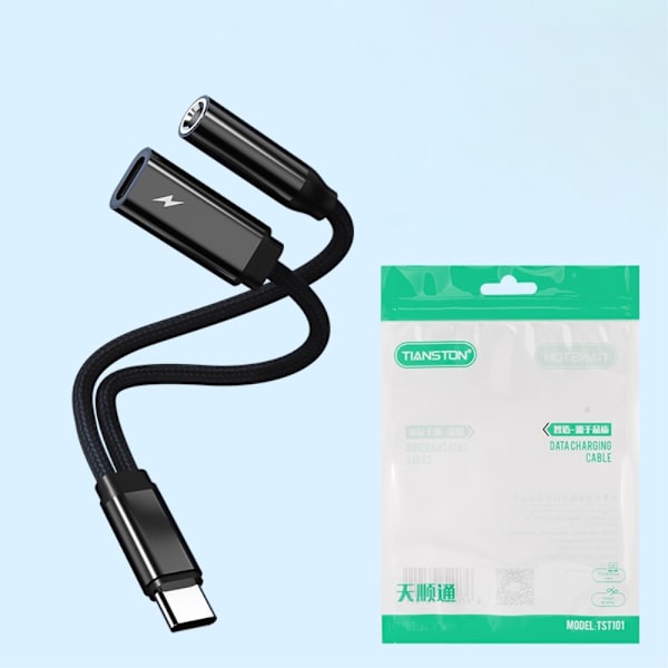 USB - C han til 3,5 mm + USB - C hun telefonadapter AUX splitter Black