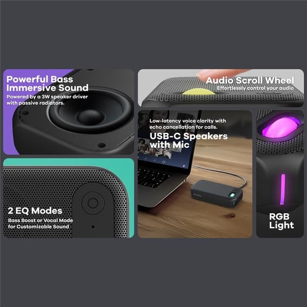 Konferencehøjttaler RGB-lys USB-C kablet computerhøjttaler med mikrofon Black