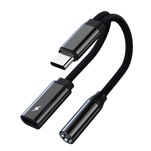 USB-C mann til 3,5 mm+USB-C kvinnelig hodetelefonadapter AUX-splitter Black
