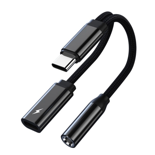 USB-C uros - 3,5 mm + USB-C naaras kuulokesovitin AUX-jakaja Black