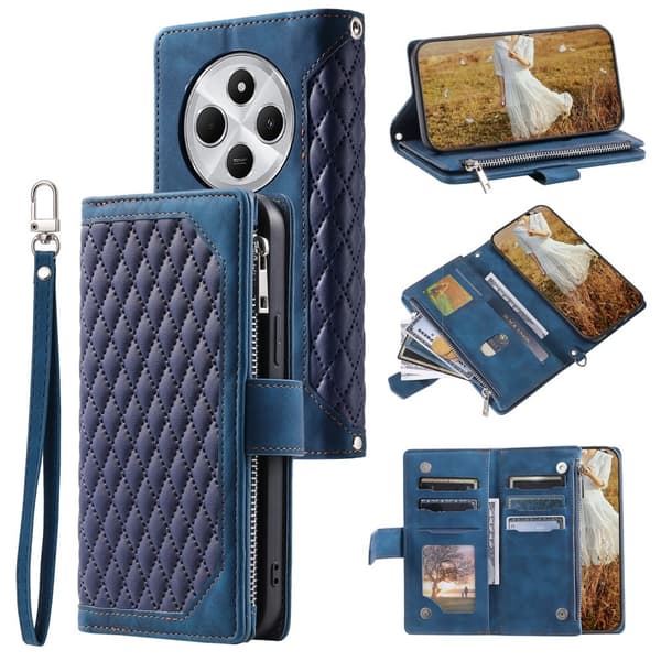 För Xiaomi Redmi 14C Zipper Wallet Case Rhombus Stitching Line Telefonfodral Blå