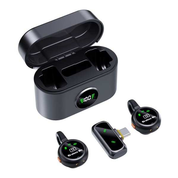 Ladeetui for lavaliermikrofon, USB-C, lav latens, 2 mikrofoner + 1 mottaker Black
