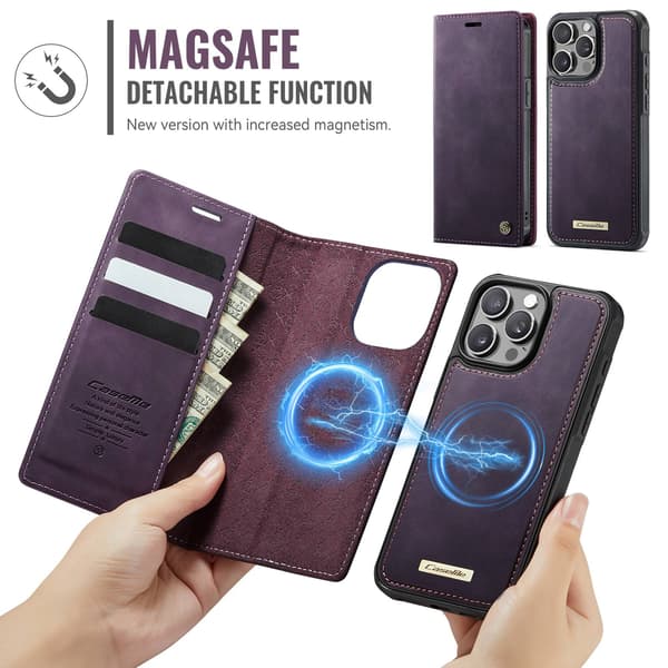 CASEME Til iPhone 15 Pro Max Lommebokdeksel Magnetisk Avtakbar RFID Beskyttelse - Coffee Purple