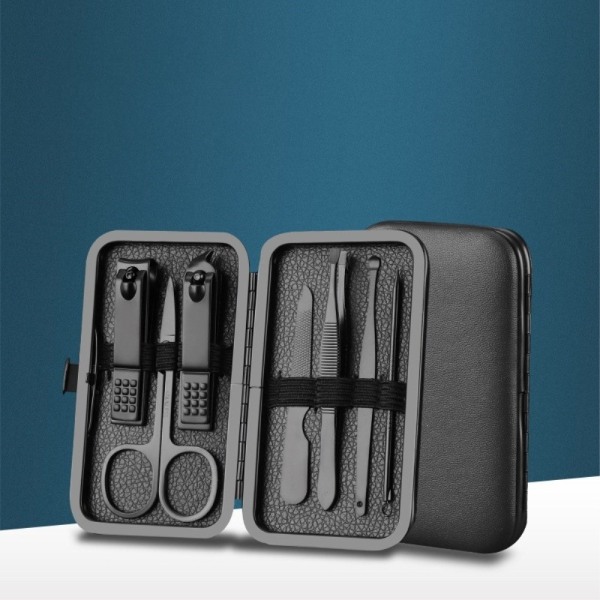Manicure Pedicure Kit Negleklipper stål med læderetui - 7 i 1 Black