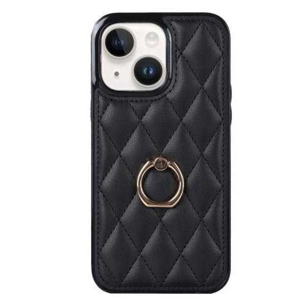iPhone 14 Etui Rhombus Grid Pattern Bagcoverring Kickstand - Sort Black