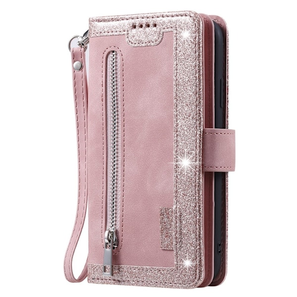 For Xiaomi Redmi 14C Case Zipper Pocket PU Leather Phone Cover with 9 Card Slots Pink gold