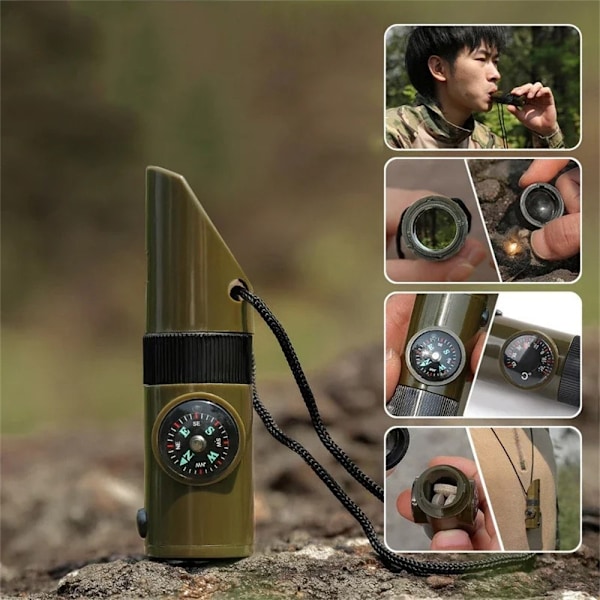 7 i 1 Visselpipa Hög Decibel Survival Whistle Ficklampa Kompass Termometer mm Grön one size
