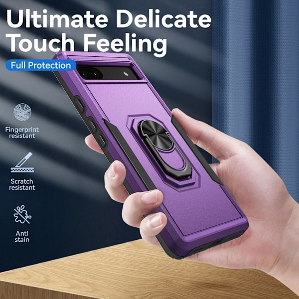Google Pixel 6A Stødsikker TPU+PC Kickstand Telefonetui Bilmonteret Metalplade - Lilla/Sort Purple