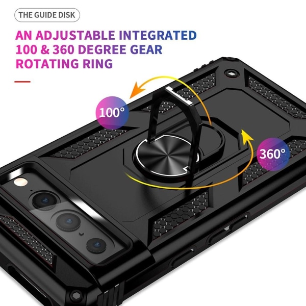 Google Pixel 7 Pro Hybrid skal med Finger Ring & Metall Plåt - S Svart