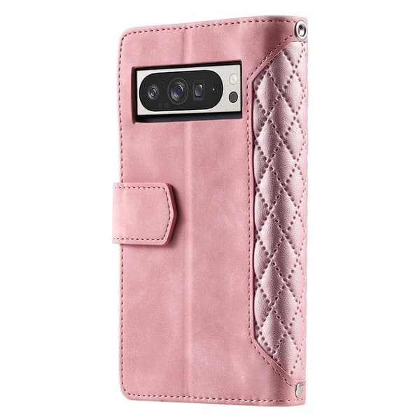 Google Pixel 10 Pro XL Zipper Wallet Case Rhombus Stitching Line Puhelinsuojus Pink