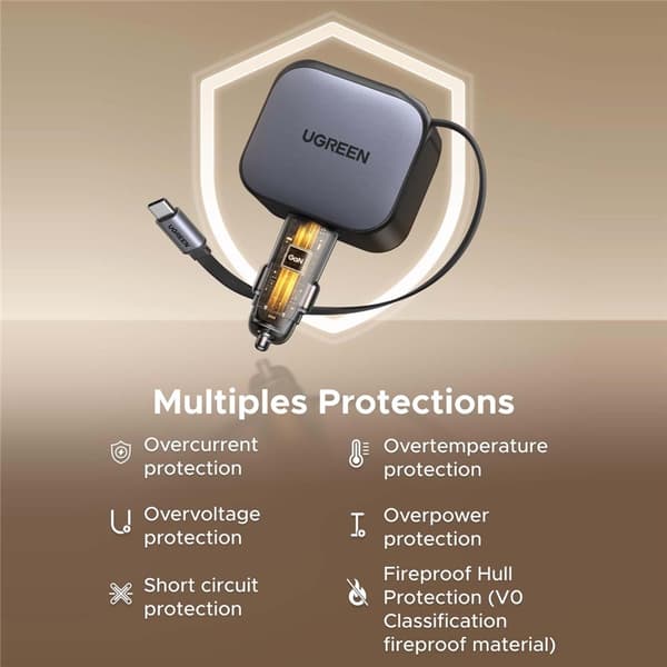 UGREEN 100W hurtig oplader bil (USB-A + 2 USB-C-porte) med indtrækkeligt 60W USB-C-kabel Black