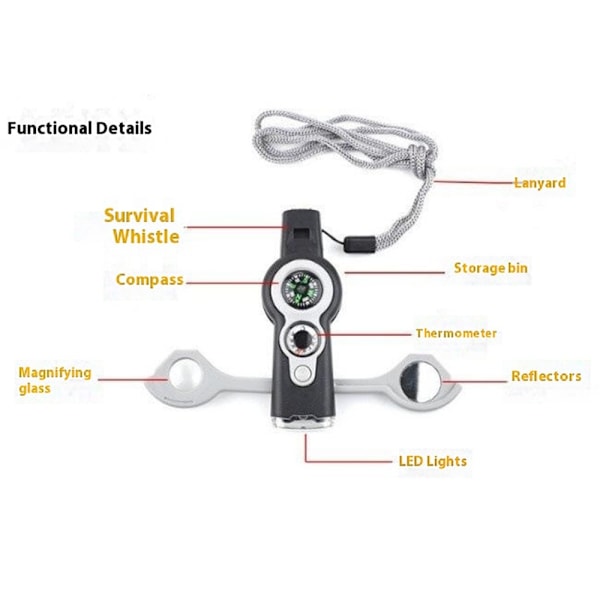 7-i-1 Visselpipa Survival Whistle med kompass / LED-ljus / förstoringsglas Orange one size
