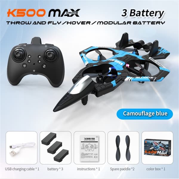K500 MAX RC-quadcopter-drone 3 akulla, korkeutta pitävällä lennolla, temppulentokone Blue