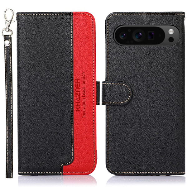 HAZNEH Google Pixel 9 / Pixel 9 Pro Lompakkokotelo Litchi-kuvio Puhelinkotelo Black