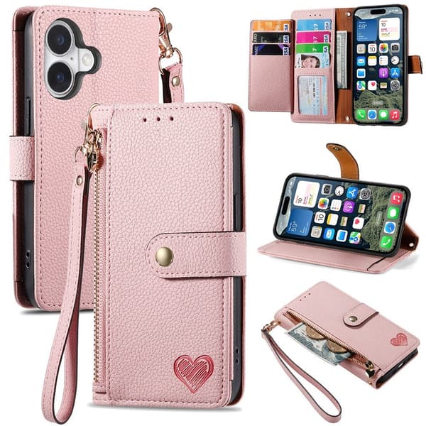 For iPhone 17 Cover RFID-blokering Lynlåslomme Tegnebogsetui med Rem Pink