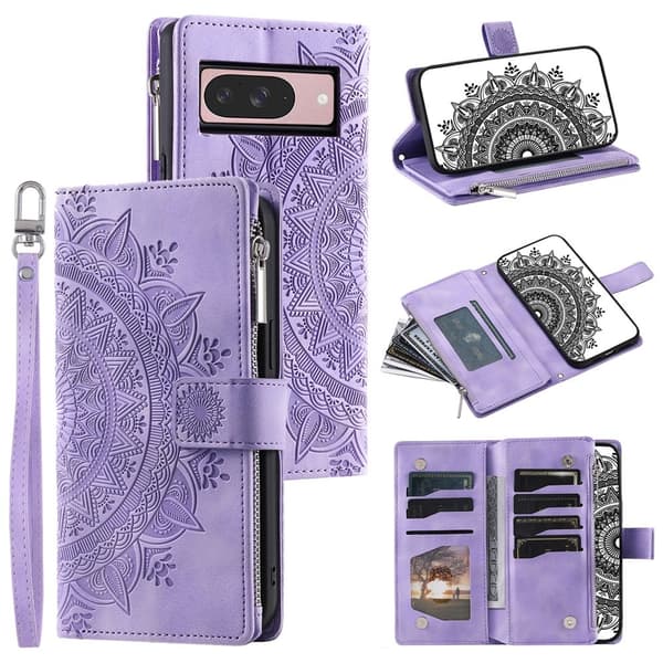 For Google Pixel 10 Pro / 10 / 9 Pro / 9  Lommebok Deksel Shell Mandala Blomstermønster Purple